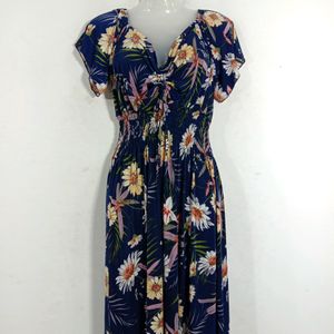 Navy Blue Floral Print Dress (Women's)