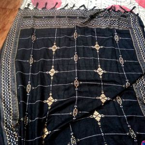 Black Silk Blend Dupatta With Golden Print