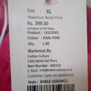 Cotton Culture Ankle Length Legging XL  Rani Pink