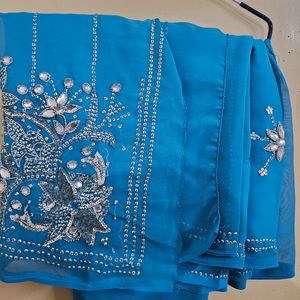 Sequin Blue Saree With Stitched Blouse