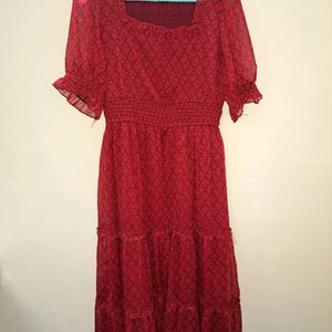 Red Smocked Dress Puff Sleeves