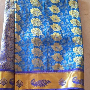 Banarasi Silk Blend Saree(Blue And Gold)