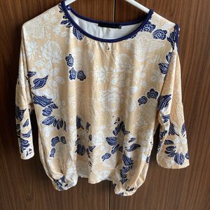 Cream Printed Regular Fit Top With Cold Shoulders