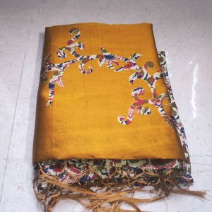 Beautiful Golden coloured floral silk Saree with lace