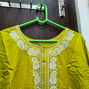 Chickenkari Work Lime Green Short Kurti XL Size