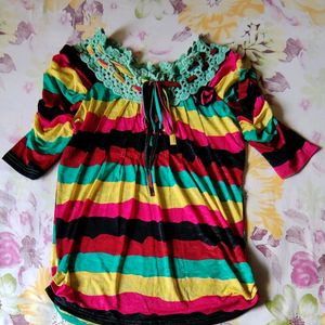 Multicolour Striped Women Top With Net Around Nec