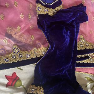 Pink Net Saree With Padded Navy Blue Blouse