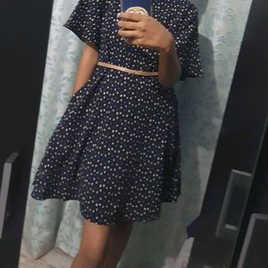 Black Printed Short Dress With Pockets(Without Belt)