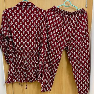 Maroon Co Ord Set Shell Work At Neck