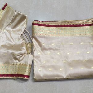 Nude Red Banarasi Silk Saree & Stitched Blouse