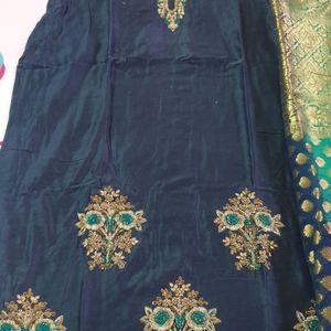 Fine Work Blue Kurta Set With Brocade Dupatta