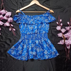 Cerulean Blue Peplum Printed Top