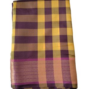 Soft Silk Blend Saree In Brown Yellow Checked New