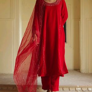 Velvet Red Straight Kurta Set