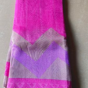 Magenta Tissue Saree with Silver Zari Border