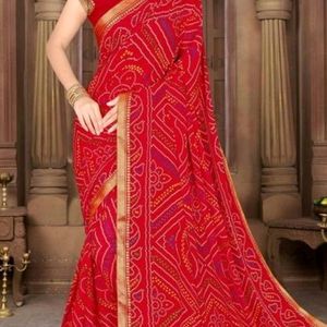 Red Bandhani Print Saree