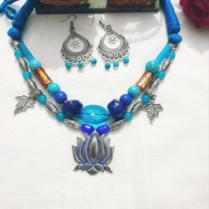 Lotus Neckpiece With Blue Beads.