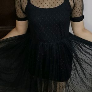 Women Black Polka Dot Transparent Flare Dress