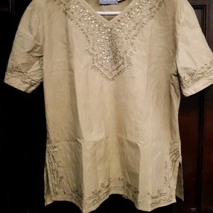 V neck Embroidered Beige Kaftan Tunic🐫🌻