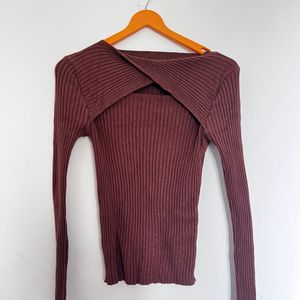 ❌Urbanic Brown Ribbed Top - Front Cutout & Knot