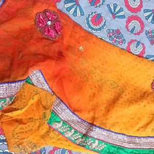 Mustard & Orange Bandhani Print Saree With Blouse