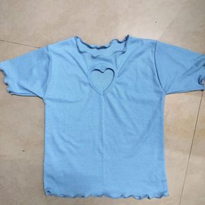 Heart Cut-out Light Blue Ribbed Top