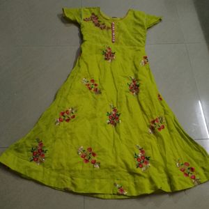 Green Colour Anarkali With Thread Flowers