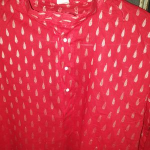 Red Cotton Kurta With Golden Drop Printed(for Men)