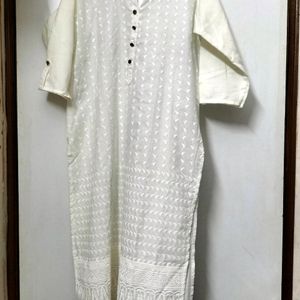 Ivory Cotton Blend Embroidered Straight Kurta