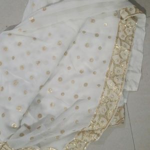 White Saree With Golden Tikliwork