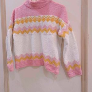 White And Pink Colours With Golden Strip Sweater