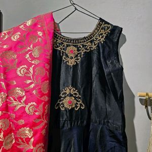 Long Gown Dress With Banarasi Dupatta