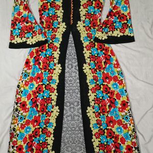 Black Floral Print A Line Kurti Dress