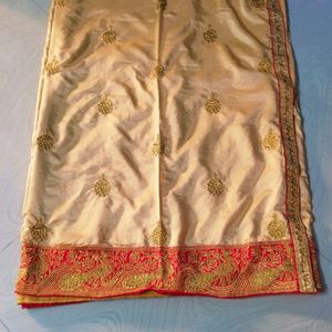 Cream colour satin Designer work saree