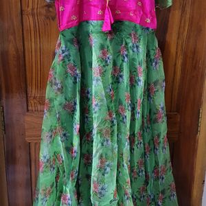 Green Color With Pink At Bottom Longfrock