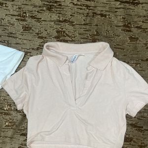 h&m combo cropped collared top white and baby pink