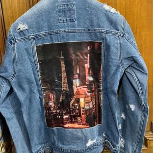 NUON PRINTED DISTRESSED BLUE  DENIM JACKET