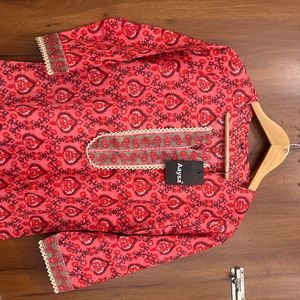 Red Floral Cotton Kurta For Women