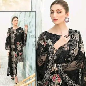 Black Floral Embroidery Semi Stitched Suit