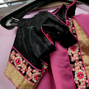 Pink And Black Saree With 36 Inch Blouse - Reducib