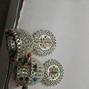 Silver White With Colourful Buds Jhumkas For Women