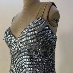 Silver Square Sequins Heavy Embellished Slit Dress