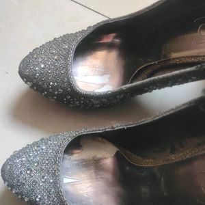 Grey Party Wear High Heels With Stones