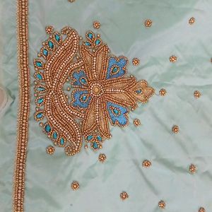 Cyan Colour Aari Work Blouse Piece