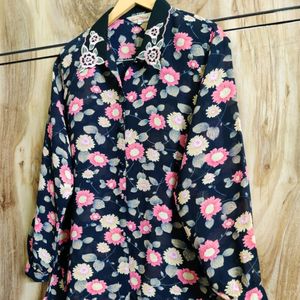 Pink Flower Black Shirt Size-42