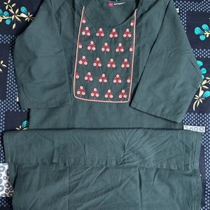 Beautiful Teal Green Cotton Embroidery Kurthi- New