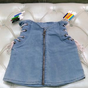 Blue denim zipper side knot skirt