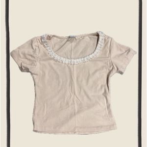 Beige Lace Detail Square Neck Top