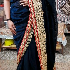 Designer Black Embroidered Saree + Stitched Blouse