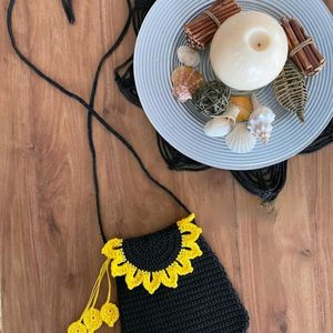 Crochet Sunflower Black Sling Bag